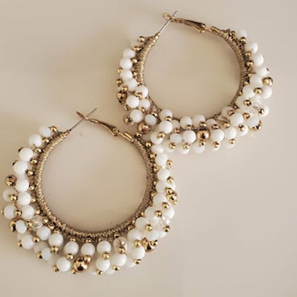 Lilly Pulitzer Resort White Large Hoop Earrings with White and Gold Tone Baubles - Picture 2 of 6